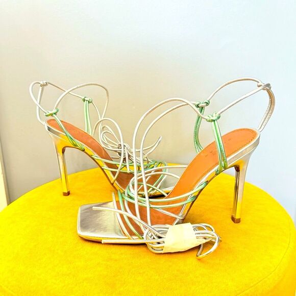 ASOS Nina Silver Mint Strappy Tie Leg Square Toe Sandal Heels Sz 8 - Picture 3 of 13